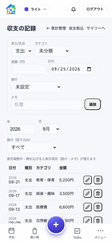 食費、子どもの習い事、ペット用品などの支出を編集アイコン付きで表示するスマートフォンの収支一覧
