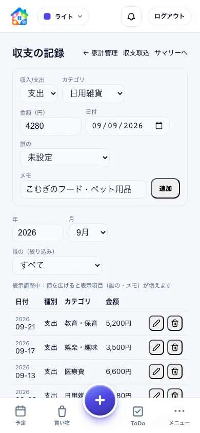 ペット用品の金額、日付、支出カテゴリが入力された収支登録の確認画面