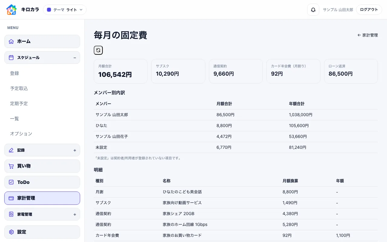 住宅ローン、通信費、動画配信、保育料、習い事の月額換算を表示する固定費一覧
